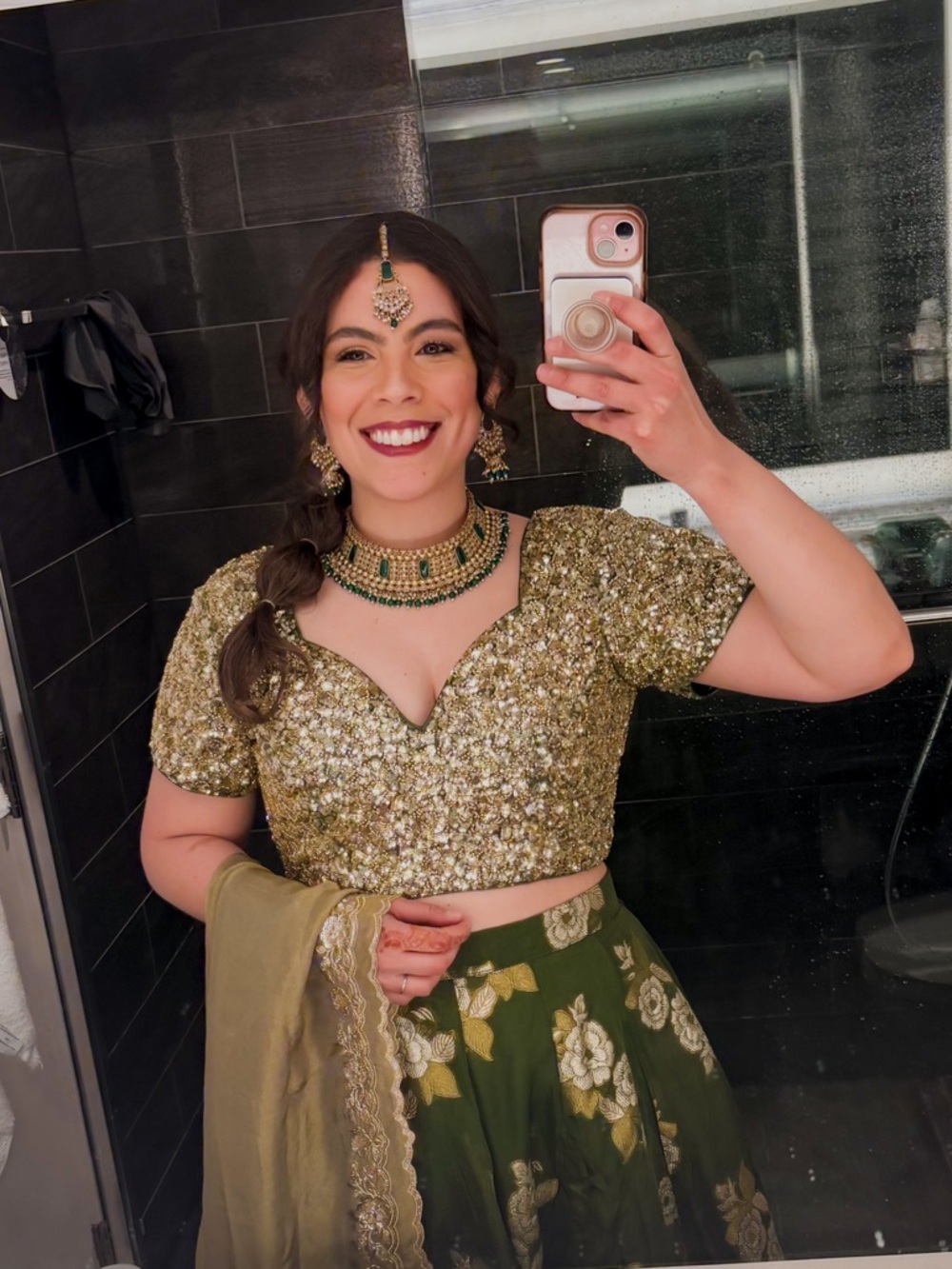 Lashkaraa Green Sequined Lehenga Top with Floral Skirt and Dupatta - US 8/10